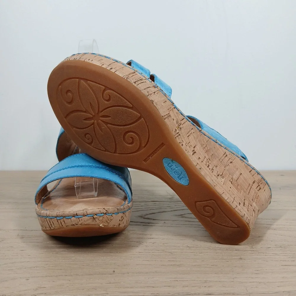 Born Wedge Sandals Womens 8 Blue Leather Cork Platform Slingback Opanka Strappy